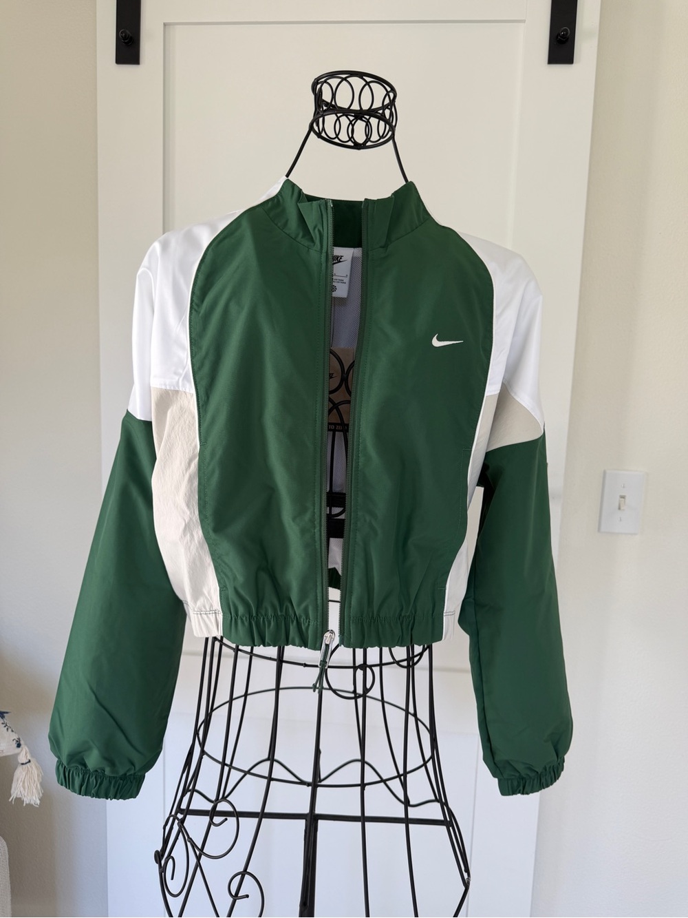 Nike Green and White Cropped Bomber Jacket